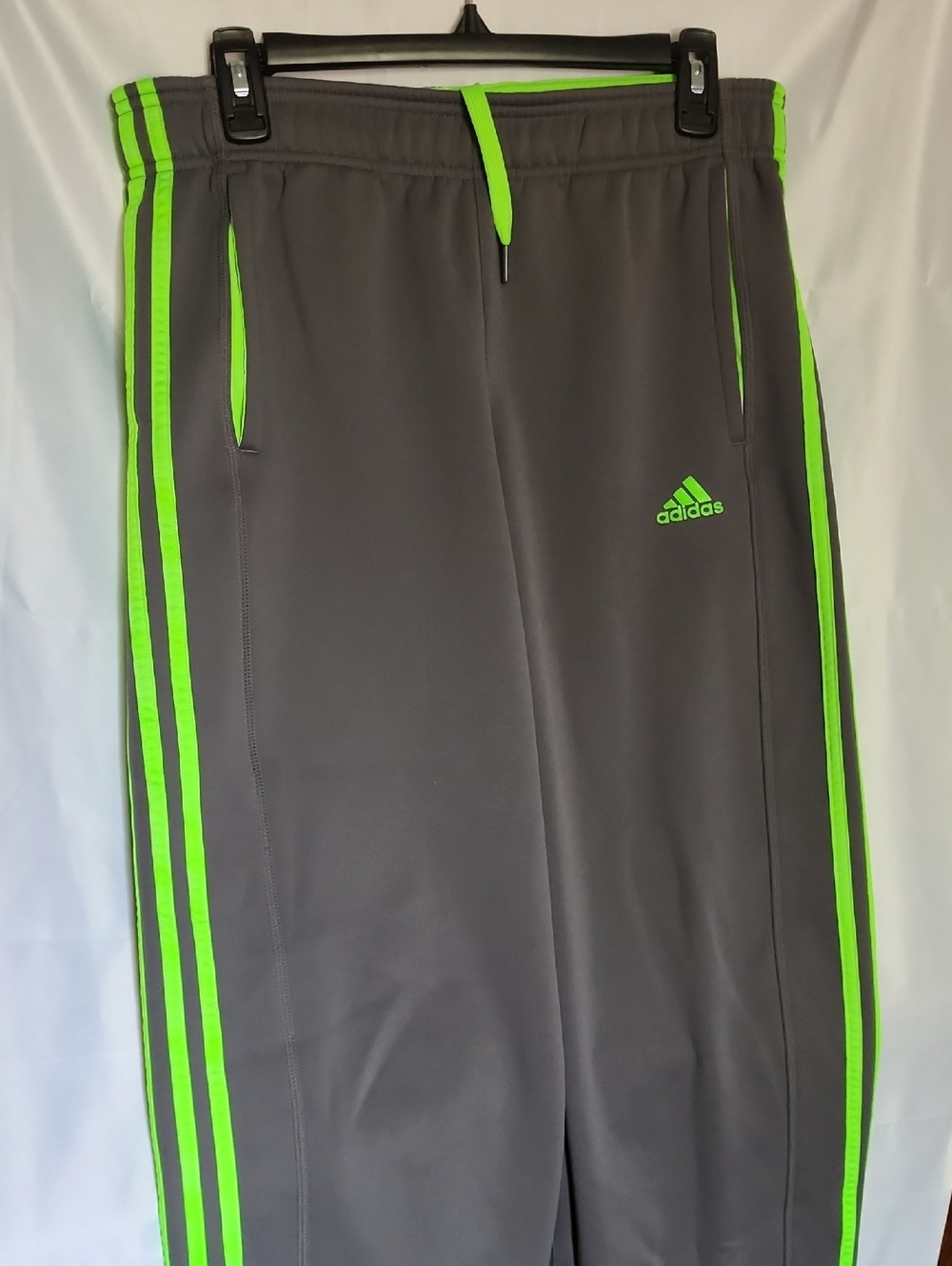 adidas Gray Climawarm Track Pants with Neon Green Accents mens medium.